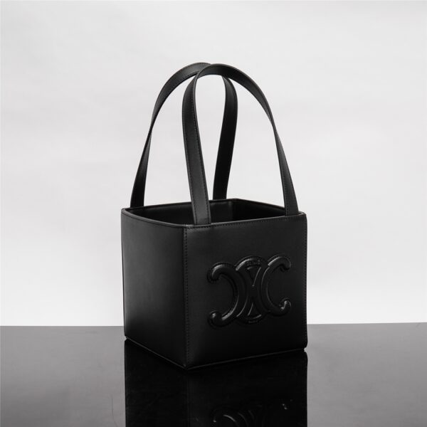 Celine Triomphe Logo Embossed Calfskin Cube Handbag - Black - Image 5